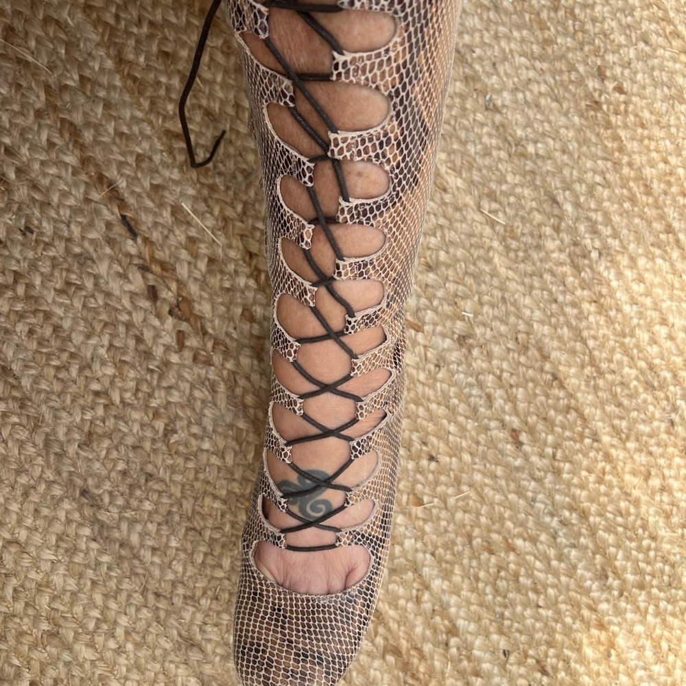 Free People Snakeskin Open Front Lace Up Boots